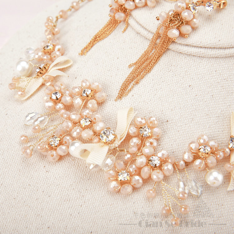 Newest Crystals Beads Pearls Soft Chain Bridal Jewelry Tiaras Necklace Earring Women Wedding Sets 3pcs - Gold