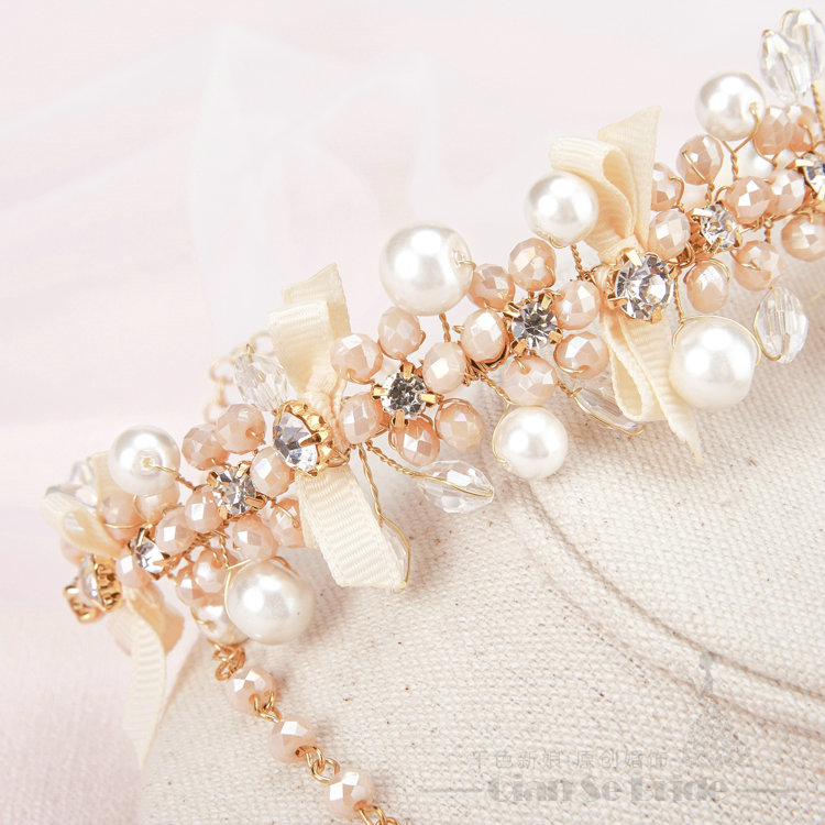 Newest Crystals Beads Pearls Soft Chain Bridal Jewelry Tiaras Necklace Earring Women Wedding Sets 3pcs - Gold