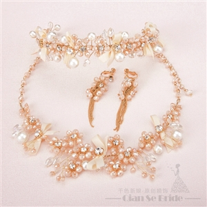 Newest Crystals Beads Pearls Soft Chain Bridal Jewelry Tiaras Necklace Earring Women Wedding Sets 3pcs - Gold