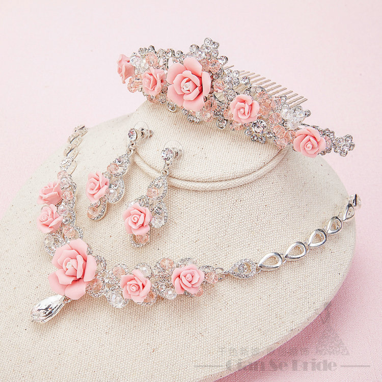 Newest Rhinestone Porcelain Flower Bridal Jewelry Tiaras Necklace Earring Women Wedding 3pcs Sets - Pink