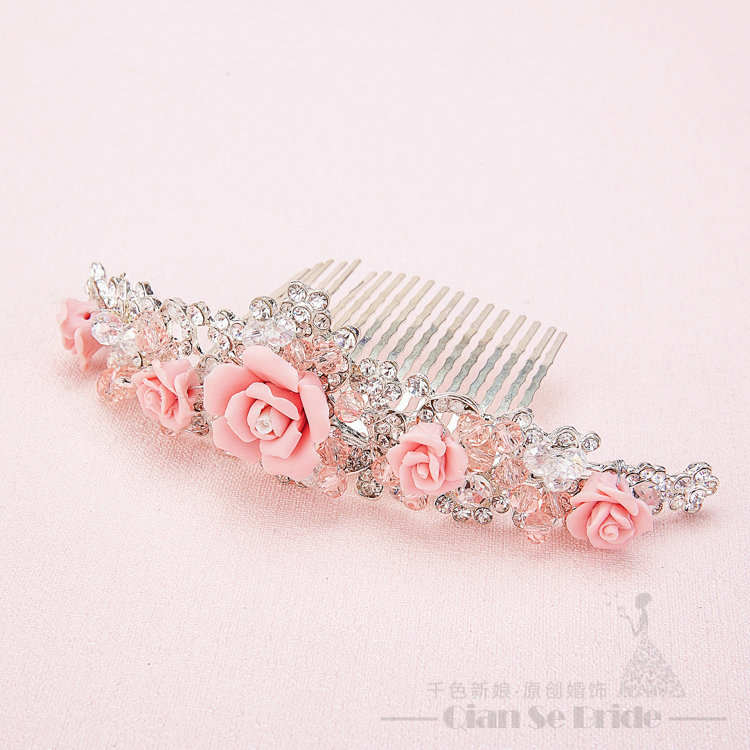 Newest Rhinestone Porcelain Flower Bridal Jewelry Tiaras Necklace Earring Women Wedding 3pcs Sets - Pink