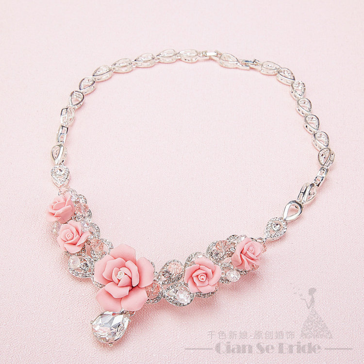 Newest Rhinestone Porcelain Flower Bridal Jewelry Tiaras Necklace Earring Women Wedding 3pcs Sets - Pink