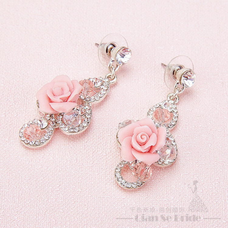 Newest Rhinestone Porcelain Flower Bridal Jewelry Tiaras Necklace Earring Women Wedding 3pcs Sets - Pink
