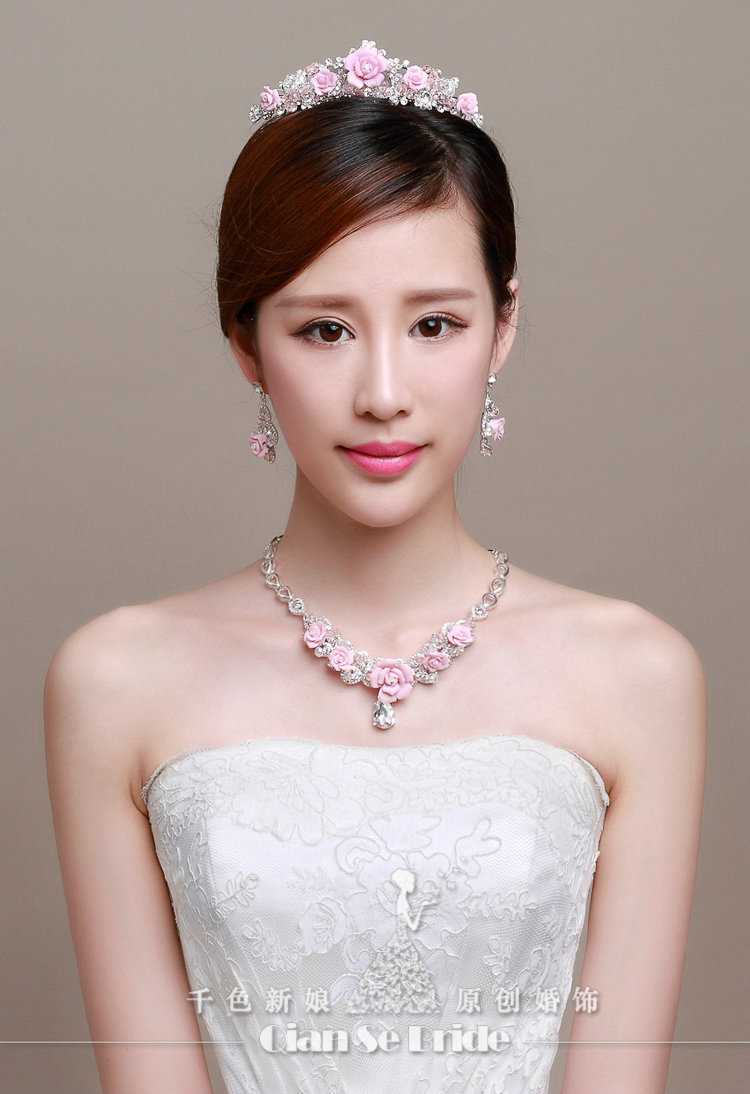 Newest Rhinestone Porcelain Flower Bridal Jewelry Tiaras Necklace Earring Women Wedding 3pcs Sets - Pink