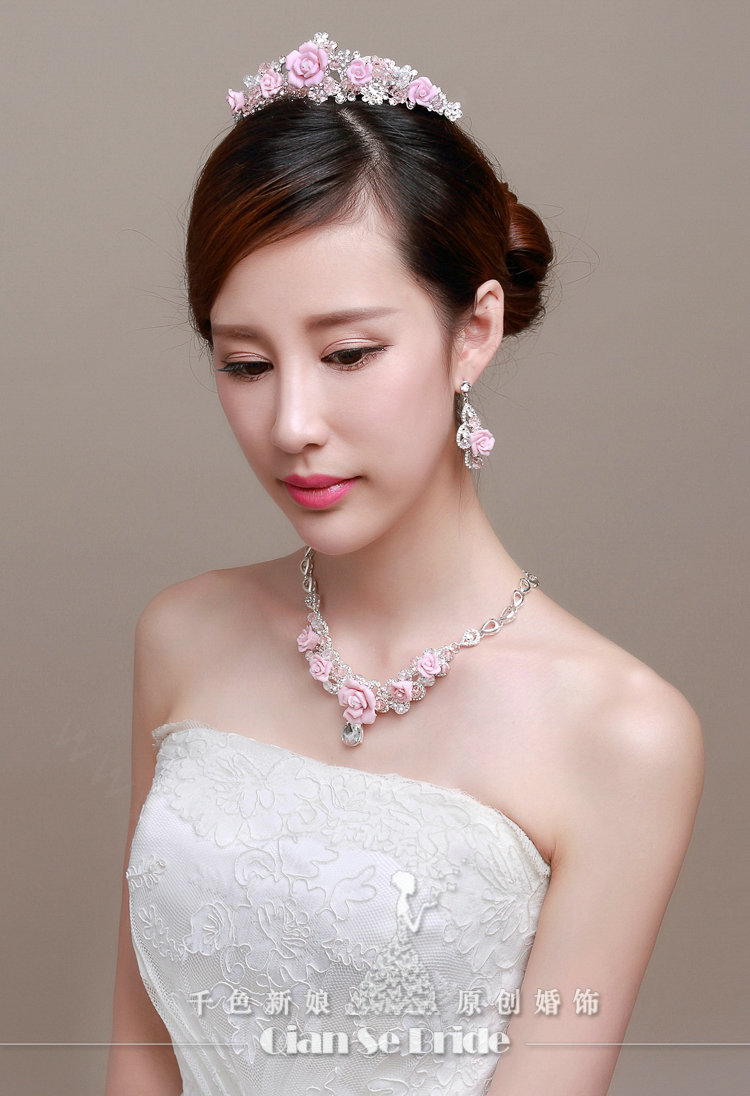 Newest Rhinestone Porcelain Flower Bridal Jewelry Tiaras Necklace Earring Women Wedding 3pcs Sets - Pink