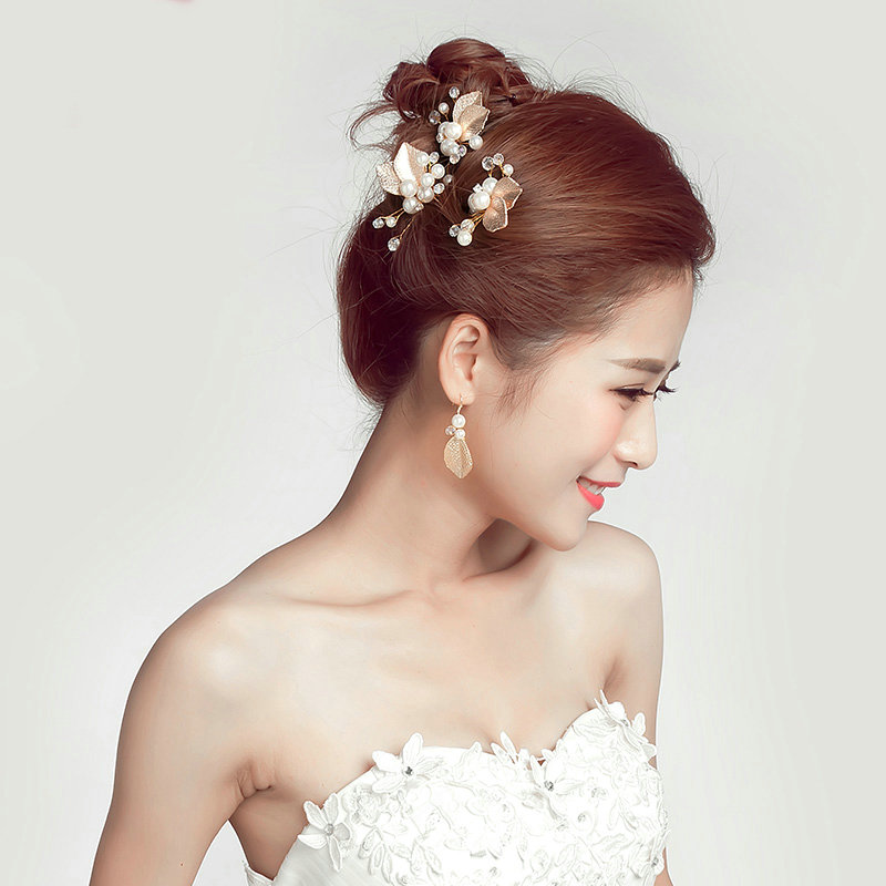 Pearl Beaded Alloy Leaves Bride U-shaped Hairpins Women Wedding Hair Clip - Gold