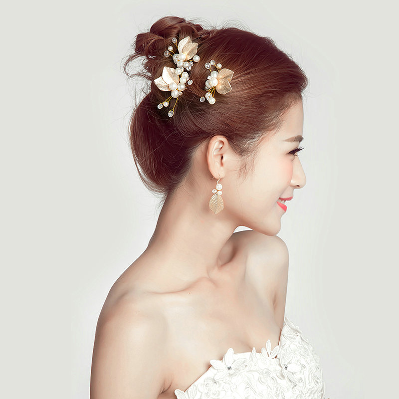 Pearl Beaded Alloy Leaves Bride U-shaped Hairpins Women Wedding Hair Clip - Gold