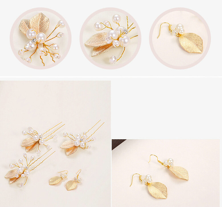 Pearl Beaded Alloy Leaves Bride U-shaped Hairpins Women Wedding Hair Clip - Gold