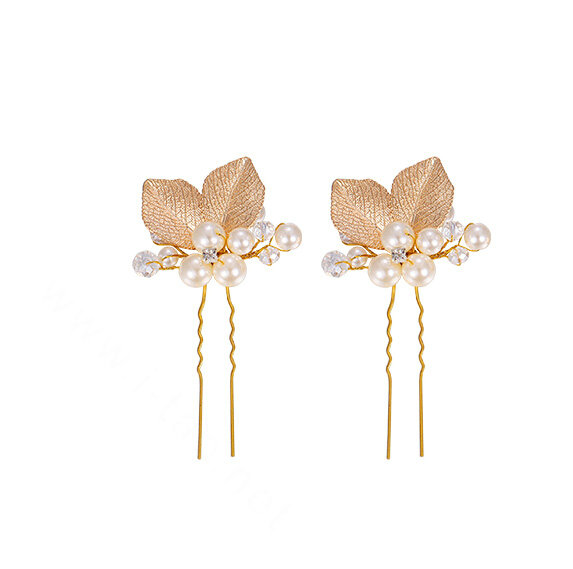 Pearl Beaded Alloy Leaves Bride U-shaped Hairpins Women Wedding Hair Clip - Gold