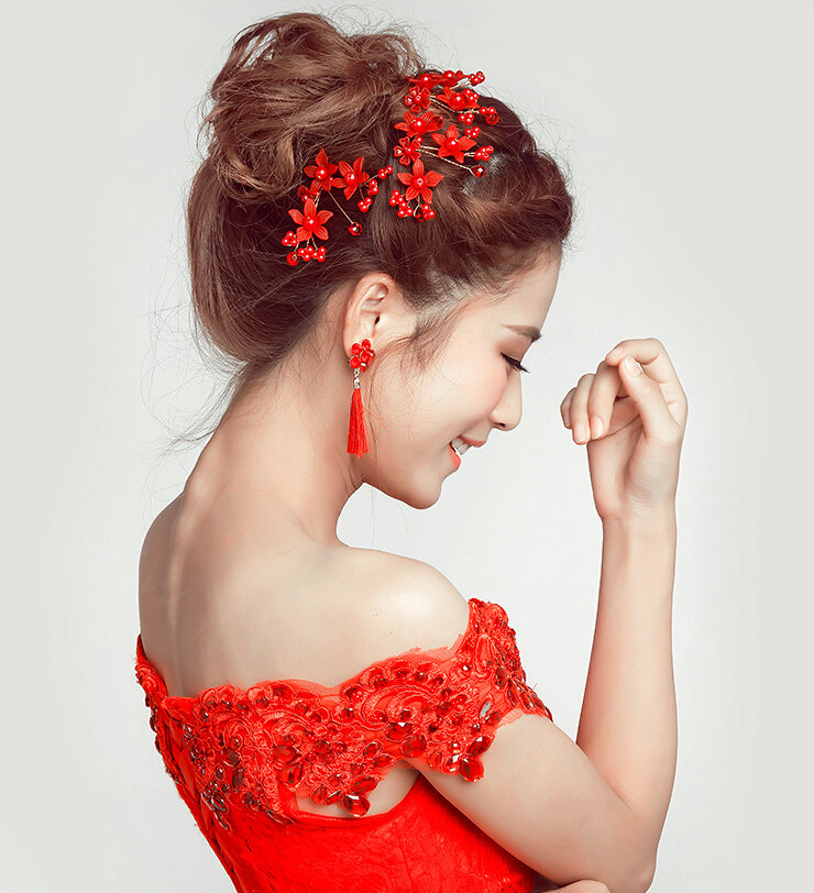 Pearl Beaded Crystal Flower Bride U-shaped Hairpins Women Wedding Hair Clip - Red