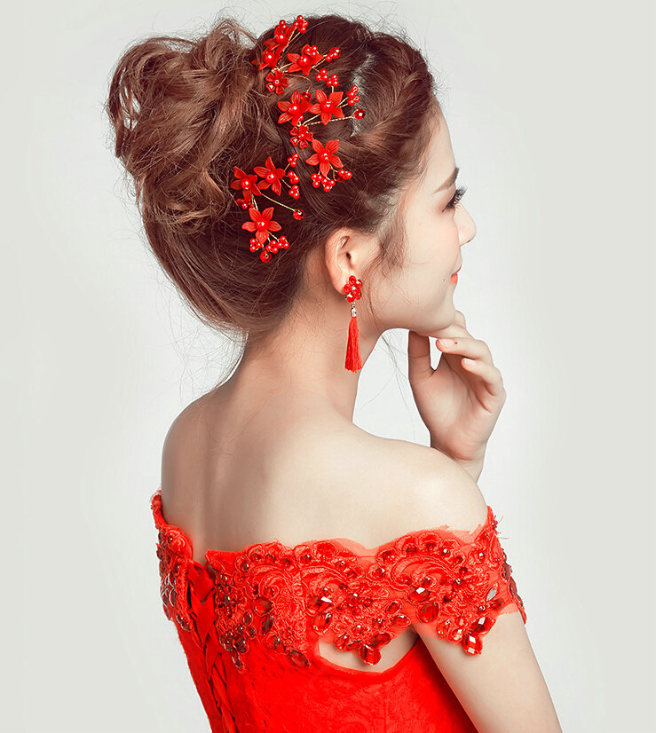 Pearl Beaded Crystal Flower Bride U-shaped Hairpins Women Wedding Hair Clip - Red