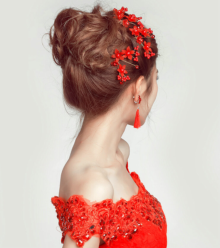 Pearl Beaded Crystal Flower Bride U-shaped Hairpins Women Wedding Hair Clip - Red