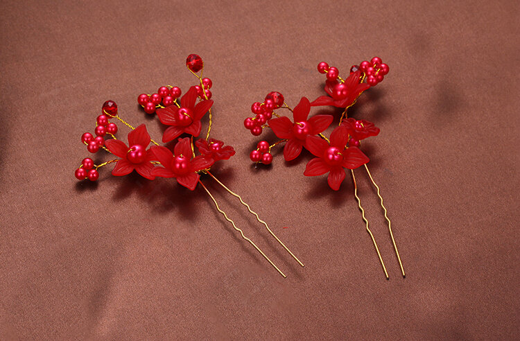 Pearl Beaded Crystal Flower Bride U-shaped Hairpins Women Wedding Hair Clip - Red
