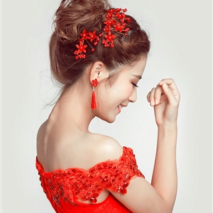 Pearl Beaded Crystal Flower Bride U-shaped Hairpins Women Wedding Hair Clip - Red