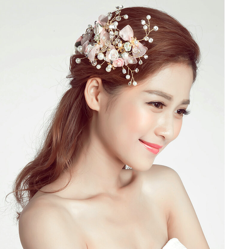 Pearl Beaded Lace Flower Bride Hair Barrettes Clip Women Headbands Wedding Accessories - Pink