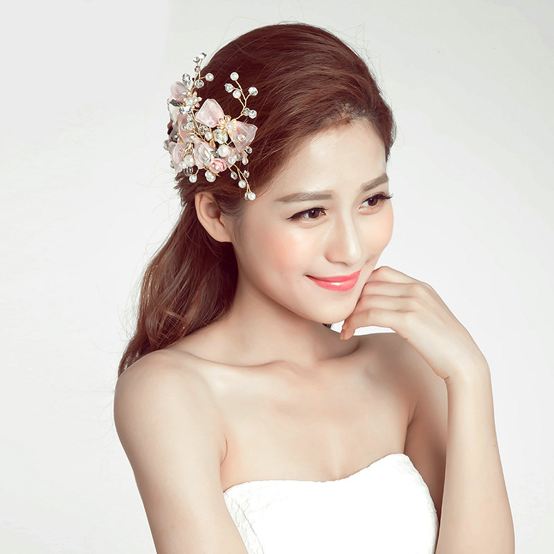Pearl Beaded Lace Flower Bride Hair Barrettes Clip Women Headbands Wedding Accessories - Pink
