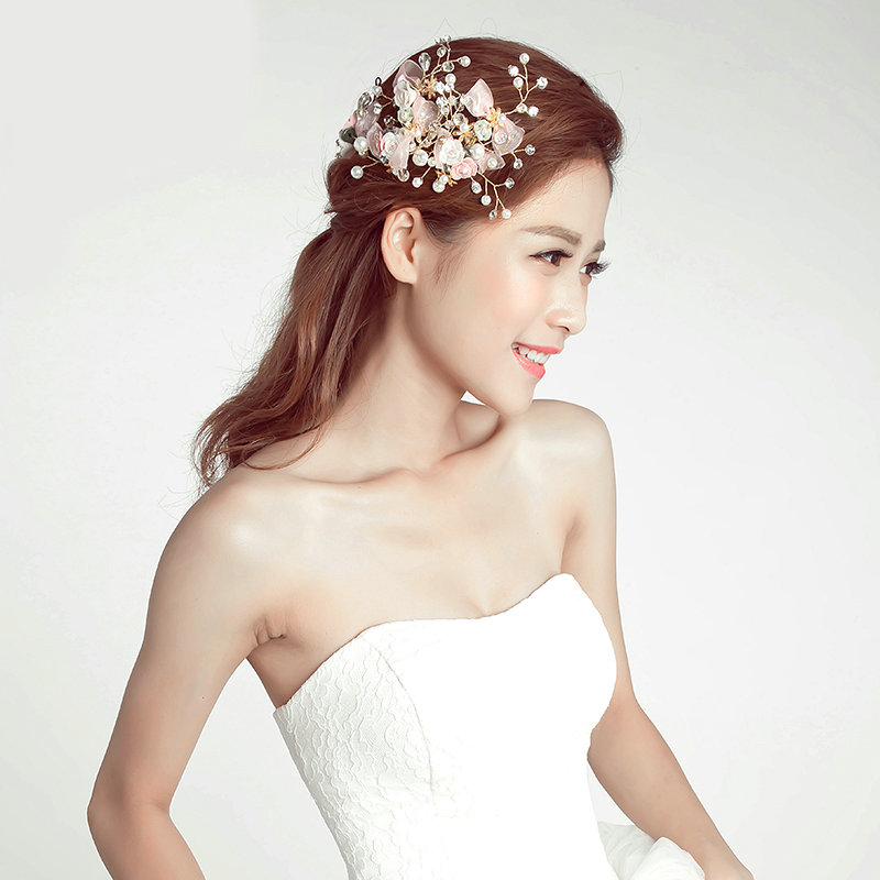 Pearl Beaded Lace Flower Bride Hair Barrettes Clip Women Headbands Wedding Accessories - Pink