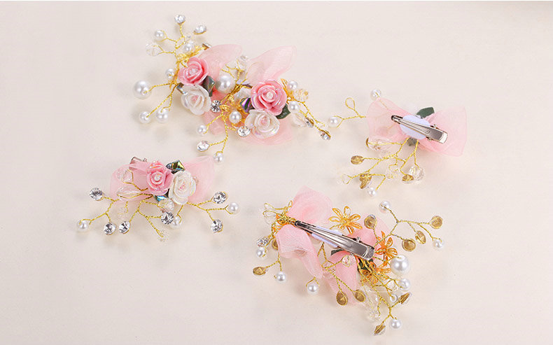 Pearl Beaded Lace Flower Bride Hair Barrettes Clip Women Headbands Wedding Accessories - Pink