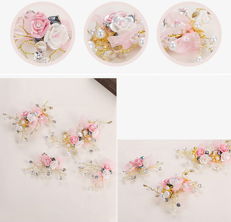 Pearl Beaded Lace Flower Bride Hair Barrettes Clip Women Headbands Wedding Accessories - Pink