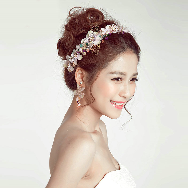 Pearl Beaded Rhinestone Flower Bridal Headbands Earrings Women Princess Style Jewelry Sets - White