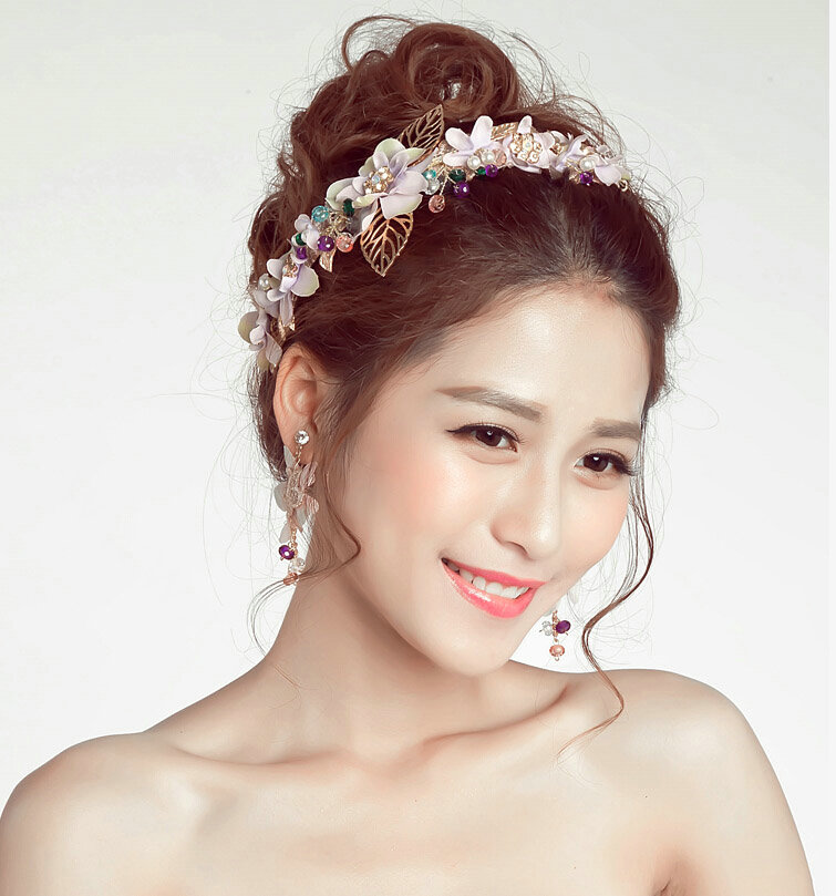 Pearl Beaded Rhinestone Flower Bridal Headbands Earrings Women Princess Style Jewelry Sets - White