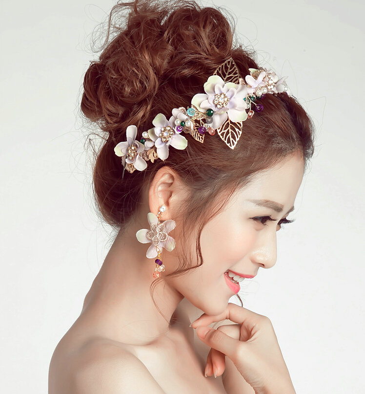 Pearl Beaded Rhinestone Flower Bridal Headbands Earrings Women Princess Style Jewelry Sets - White