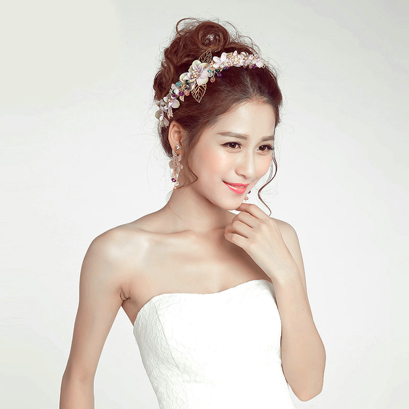 Pearl Beaded Rhinestone Flower Bridal Headbands Earrings Women Princess Style Jewelry Sets - White