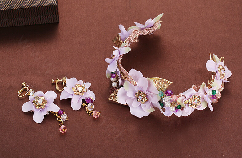 Pearl Beaded Rhinestone Flower Bridal Headbands Earrings Women Princess Style Jewelry Sets - White
