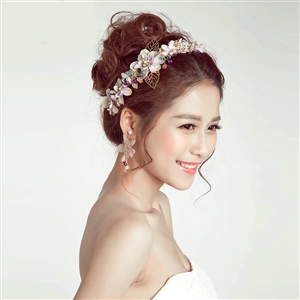 Pearl Beaded Rhinestone Flower Bridal Headbands Earrings Women Princess Style Jewelry Sets - White