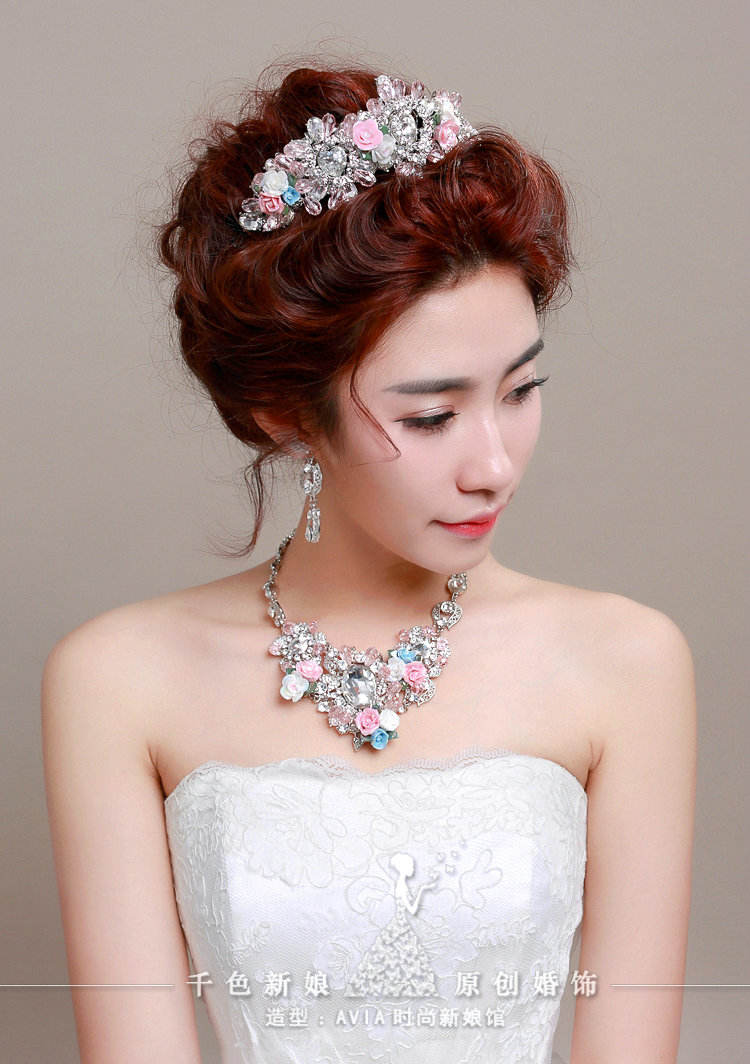 Pearl Crystals Beads Ceramic Flower Bridal Tiaras Necklace Earring Women Wedding Jewelry Sets 3pcs - Color