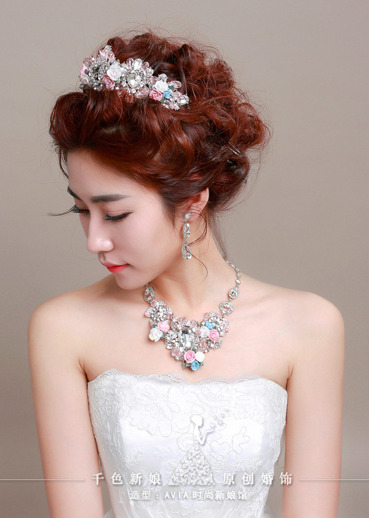 Pearl Crystals Beads Ceramic Flower Bridal Tiaras Necklace Earring Women Wedding Jewelry Sets 3pcs - Color