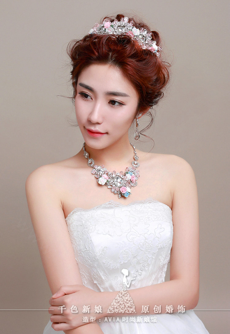 Pearl Crystals Beads Ceramic Flower Bridal Tiaras Necklace Earring Women Wedding Jewelry Sets 3pcs - Color