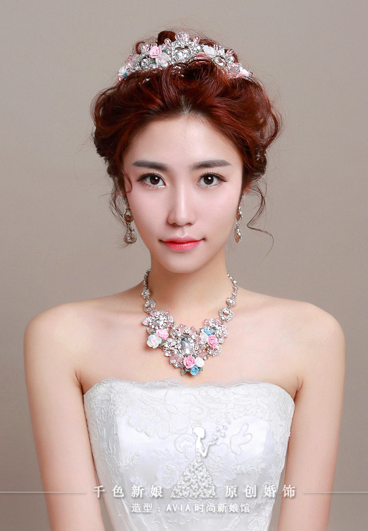 Pearl Crystals Beads Ceramic Flower Bridal Tiaras Necklace Earring Women Wedding Jewelry Sets 3pcs - Color