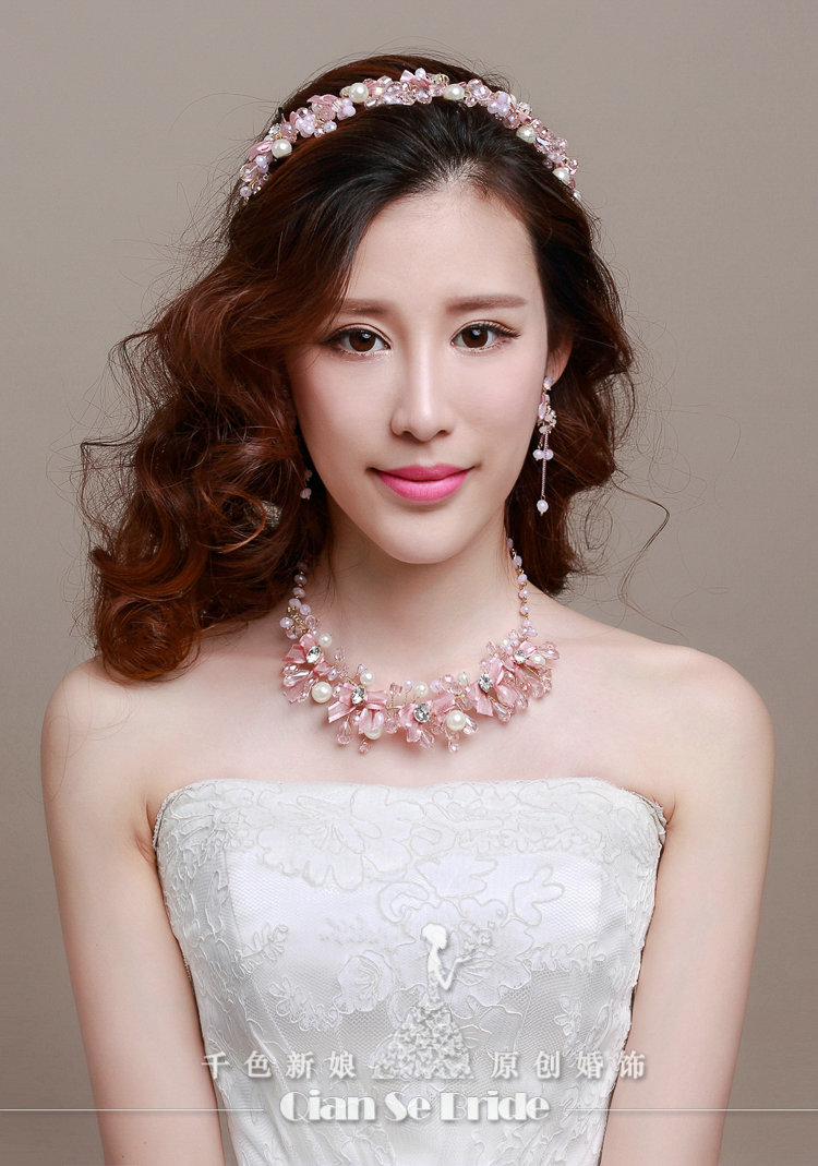 Pearl Crystals Beads Yarn Flower Bridal Tiaras Necklace Earring Women Wedding Jewelry Sets 3pcs - Pink