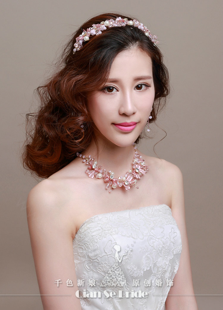Pearl Crystals Beads Yarn Flower Bridal Tiaras Necklace Earring Women Wedding Jewelry Sets 3pcs - Pink