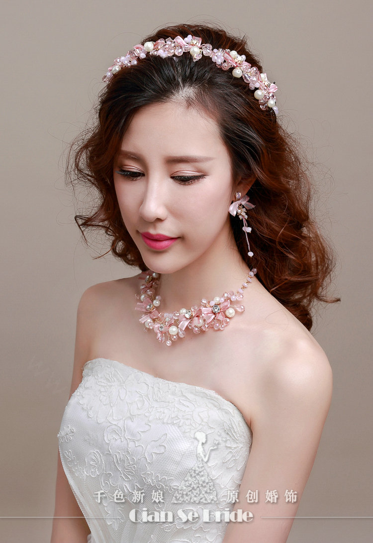 Pearl Crystals Beads Yarn Flower Bridal Tiaras Necklace Earring Women Wedding Jewelry Sets 3pcs - Pink