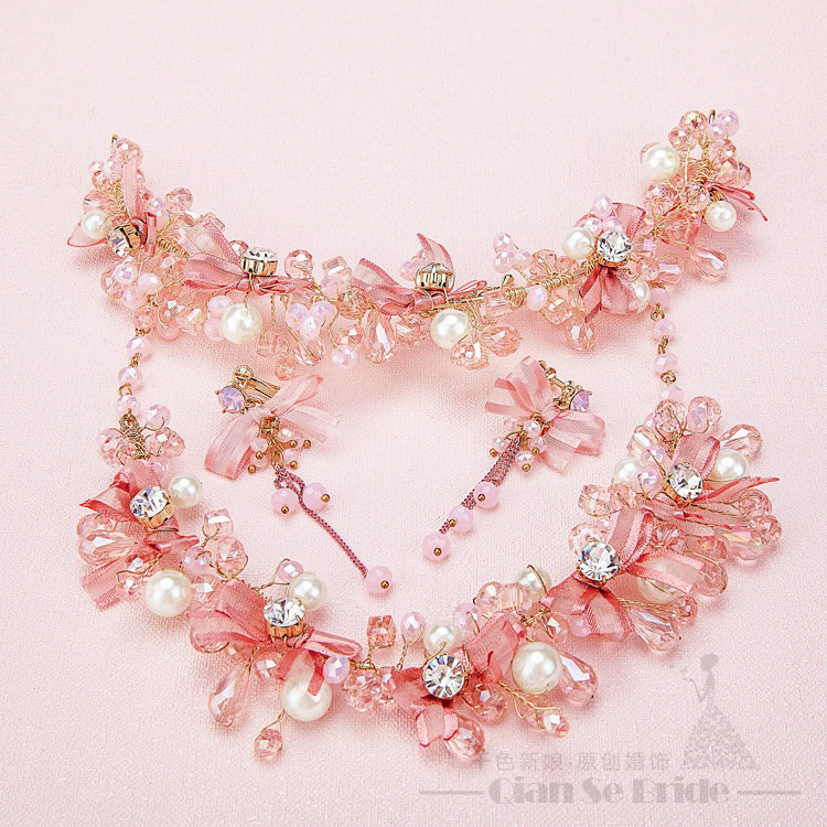 Pearl Crystals Beads Yarn Flower Bridal Tiaras Necklace Earring Women Wedding Jewelry Sets 3pcs - Pink
