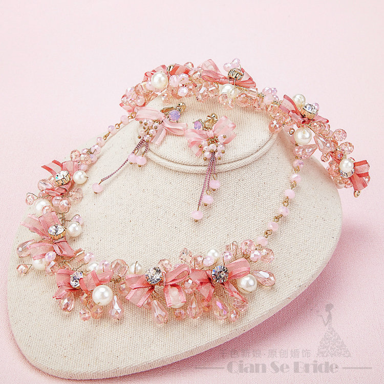 Pearl Crystals Beads Yarn Flower Bridal Tiaras Necklace Earring Women Wedding Jewelry Sets 3pcs - Pink