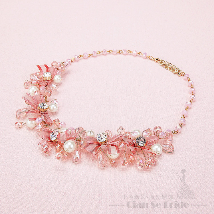 Pearl Crystals Beads Yarn Flower Bridal Tiaras Necklace Earring Women Wedding Jewelry Sets 3pcs - Pink