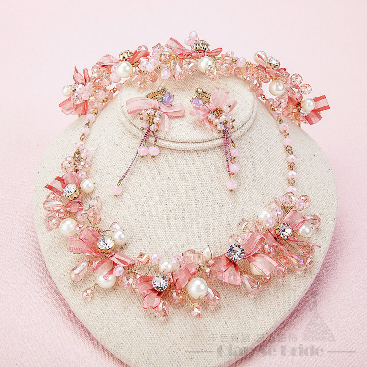 Pearl Crystals Beads Yarn Flower Bridal Tiaras Necklace Earring Women Wedding Jewelry Sets 3pcs - Pink