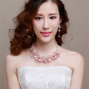 Pearl Crystals Beads Yarn Flower Bridal Tiaras Necklace Earring Women Wedding Jewelry Sets 3pcs - Pink