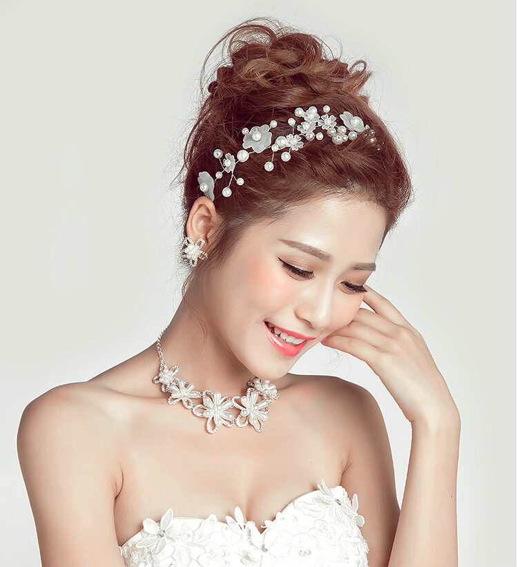 Pearls Beaded Flower Alloy Soft Chain Bridal Headbands Hair Accessories - White