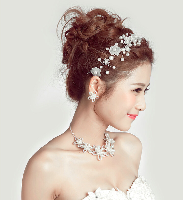 Pearls Beaded Flower Alloy Soft Chain Bridal Headbands Hair Accessories - White