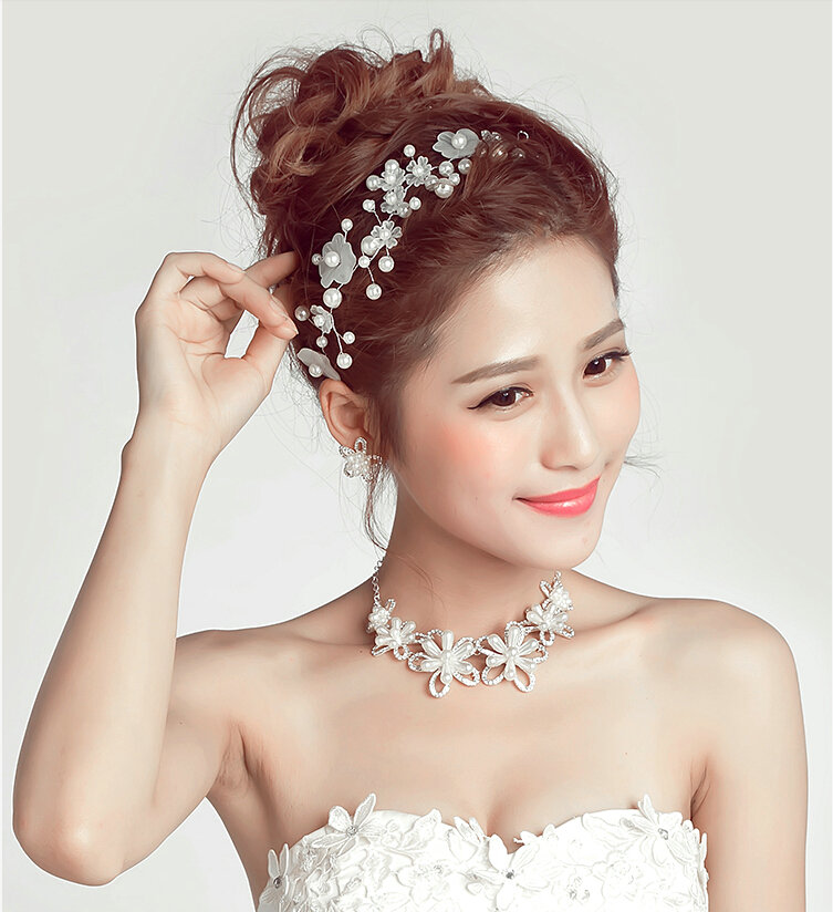 Pearls Beaded Flower Alloy Soft Chain Bridal Headbands Hair Accessories - White