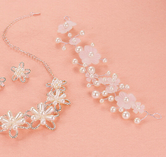 Pearls Beaded Flower Alloy Soft Chain Bridal Headbands Hair Accessories - White