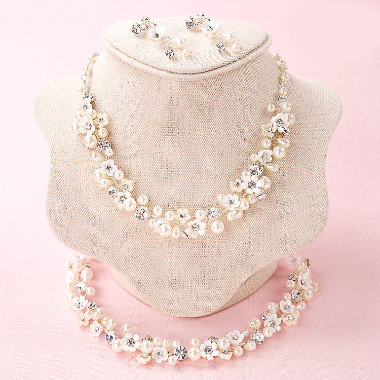 Pearls Crystals Ceramic Floral Bridal Jewelry Soft Tiaras Necklace Earring Women Wedding Sets 3pcs - White