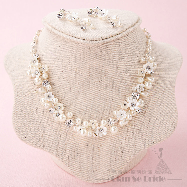 Pearls Crystals Ceramic Floral Bridal Jewelry Soft Tiaras Necklace Earring Women Wedding Sets 3pcs - White