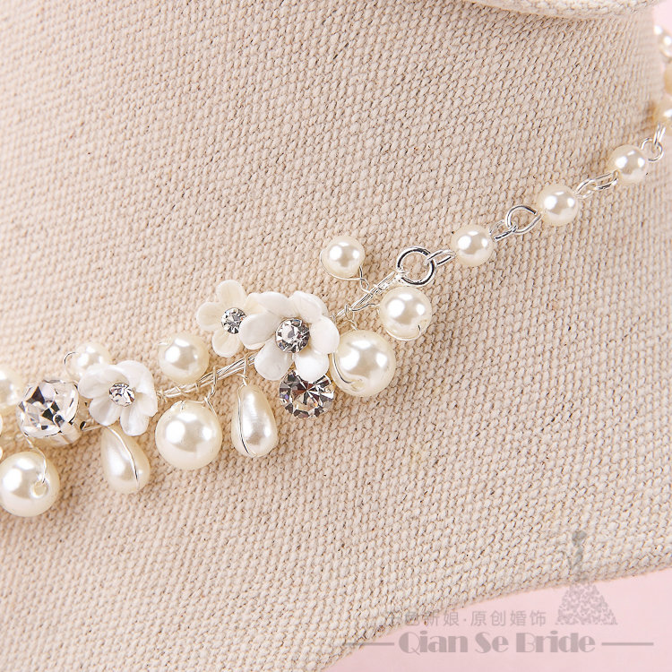 Pearls Crystals Ceramic Floral Bridal Jewelry Soft Tiaras Necklace Earring Women Wedding Sets 3pcs - White