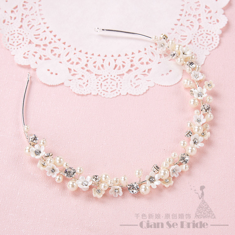 Pearls Crystals Ceramic Floral Bridal Jewelry Soft Tiaras Necklace Earring Women Wedding Sets 3pcs - White