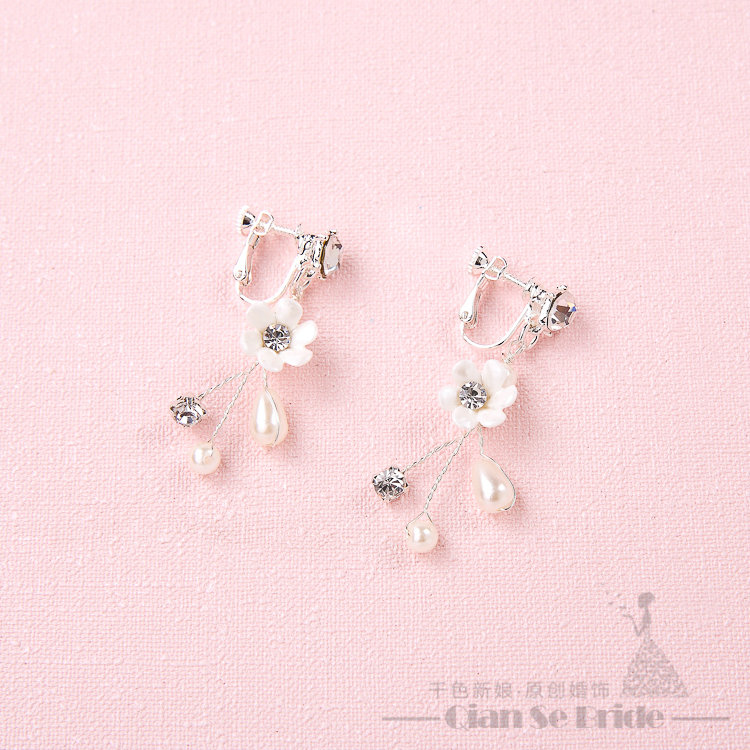 Pearls Crystals Ceramic Floral Bridal Jewelry Soft Tiaras Necklace Earring Women Wedding Sets 3pcs - White